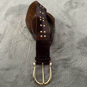 Michael Kors Brown Gold Leather Patchwork Studded Thick Belt Women's MEDIUM
